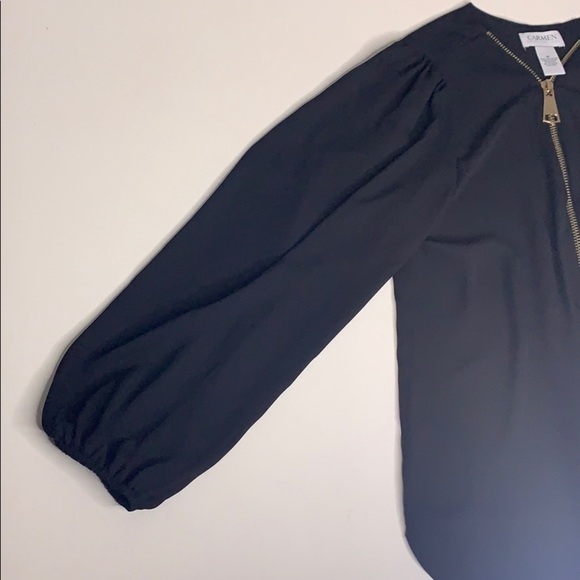 Carmen Marc Valvo Black zip front long sleeve blouse women’s medium - Picture 5 of 8
